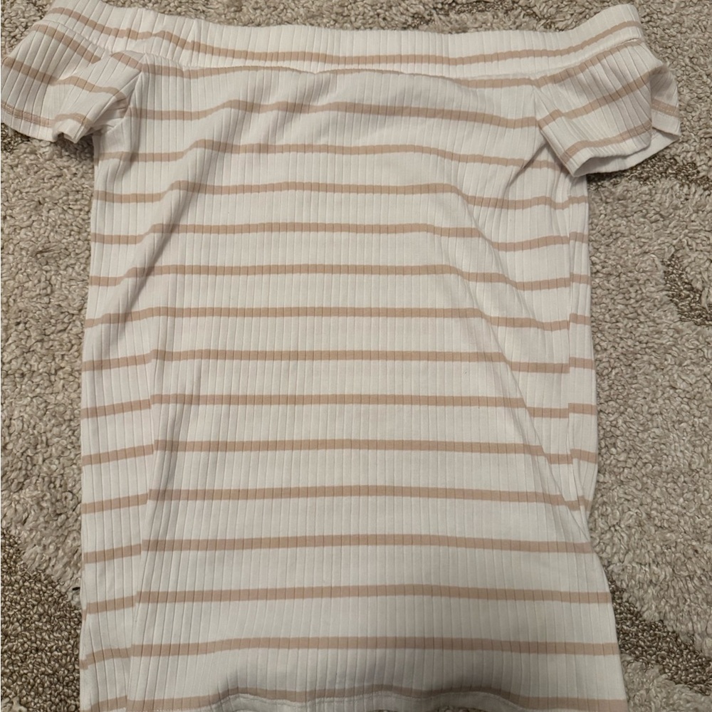 LOFT Beige and White Ribbed Off-the-shoulder Top